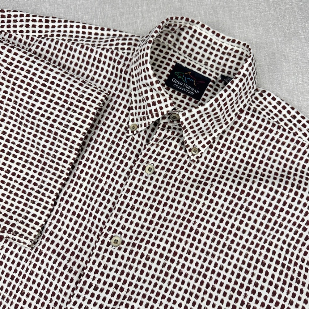 Greg Norman Collection Button Down Mens Medium Brown White Short Sleeve Shirt